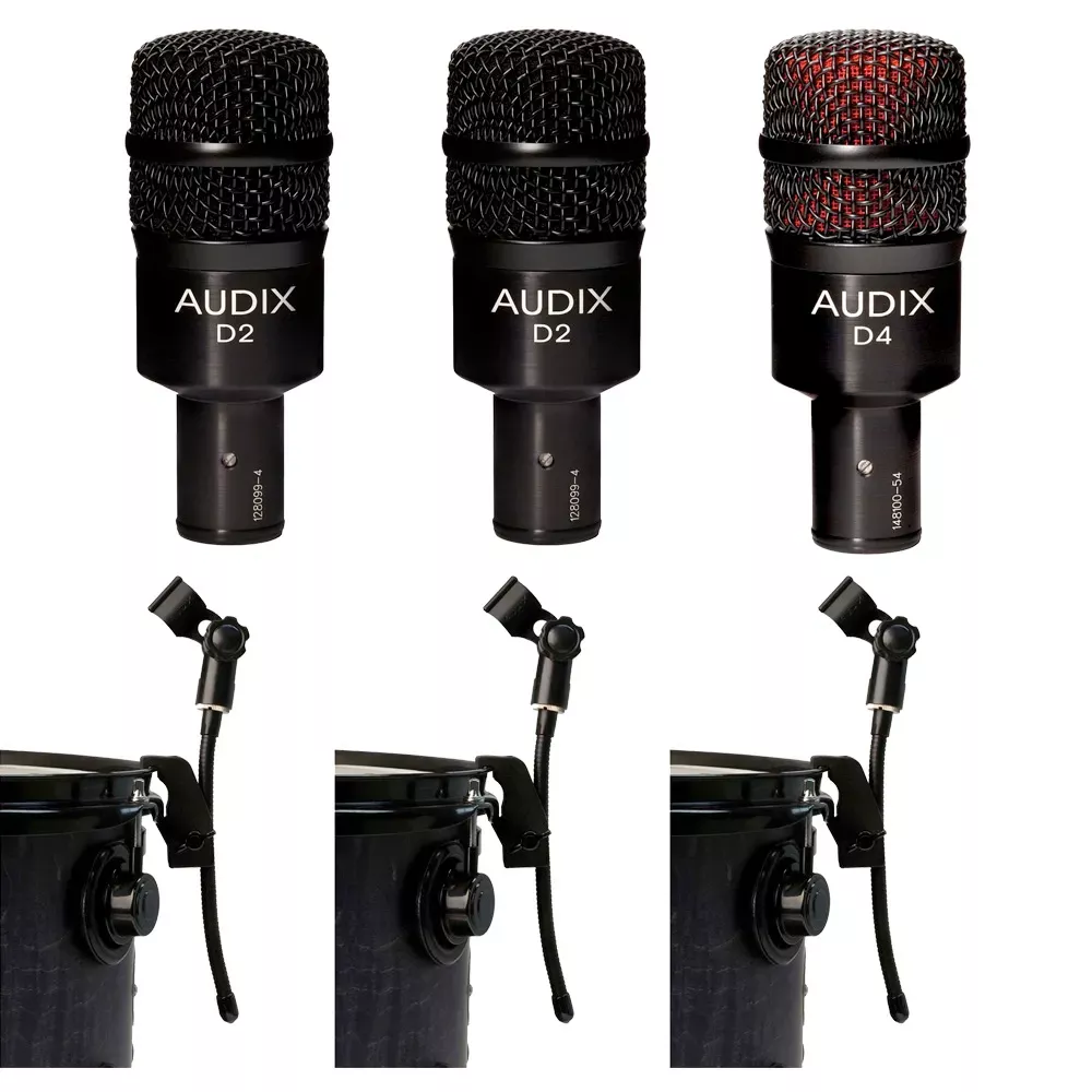 (2) Audix D2 Dynamic Microphones with D4 Hypercardioid Microphone and (3) DVice Gooseneck Mic Clips
