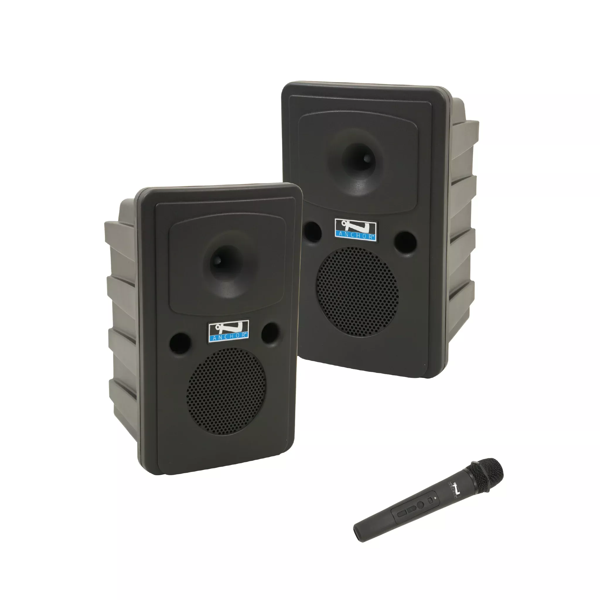 Anchor Audio Go Getter 2 COMP2, Go Getter 2 Pair, AnchorLINK, and one wireless handheld microphone, one wireless belt pack transmitter with lapel microphone and two speaker stands, and one SPEAKON companion speaker cable