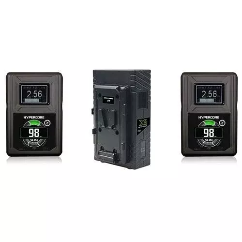 Core SWX Two Position Simultaneous V-Mount Battery Charger with 90W Camera Power Supply - With 2 Pack Hypercore 9 Mini V-Mount 98Wh Battery Pack for RED DSMC & DSMC2 Cameras