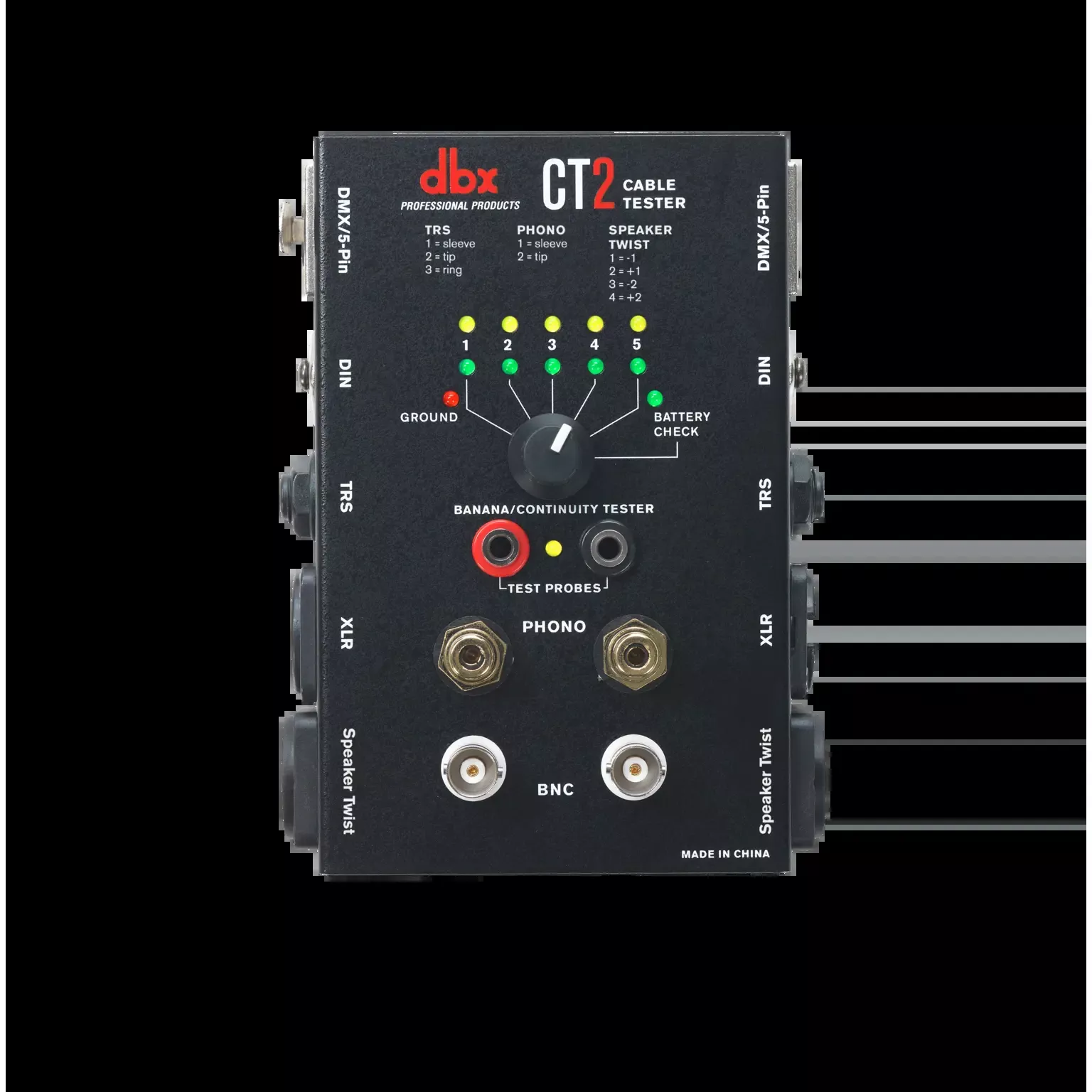 dbx CT2, Audio Cable Tester with 6-Position Rotary Selector, Continuity Beeper and XLR, RCA, TRS and Speaker Twist Connectors
