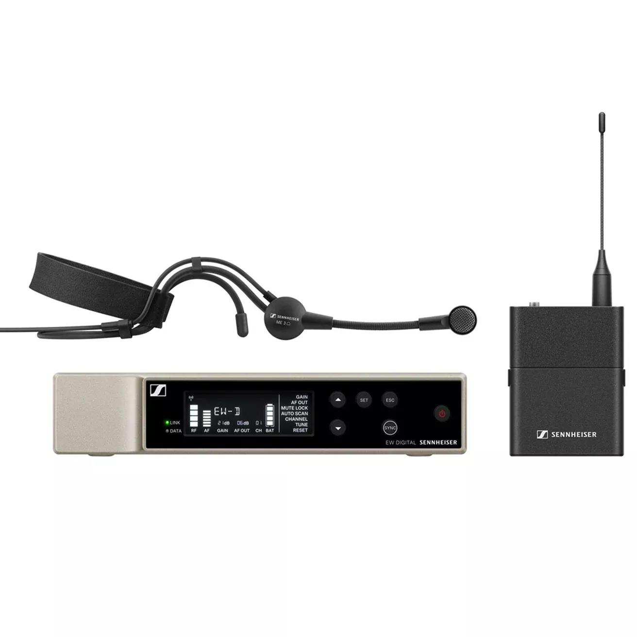 Sennheiser EW-D ME3 SET (R1-6) - Digital wireless headmic set. Includes (1) EW-D EM digital 19 1/2" single channel receiver, (1) EW-D SK Digital bodypack transmitter, (1) new ME 3 headmic (cardioid, condenser), (1) NT 12-5 CW+ power supply with country...